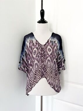 Language 100% Silk Purple Ombre Geometric Crinkle V-Neck Tunic Top - Medium